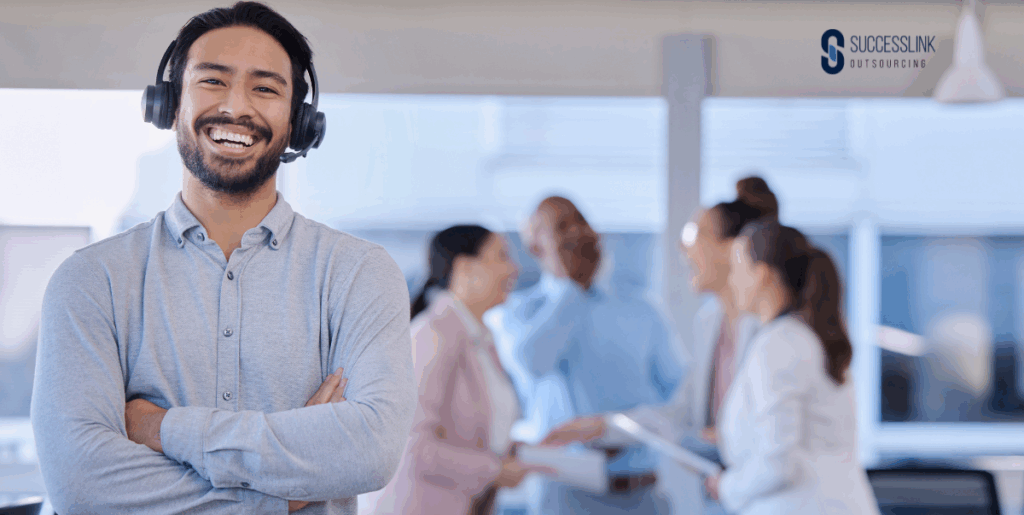 Smiling call center agent with headset representing Business Process Outsourcing support for UK SMEs to enhance customer service and efficiency.