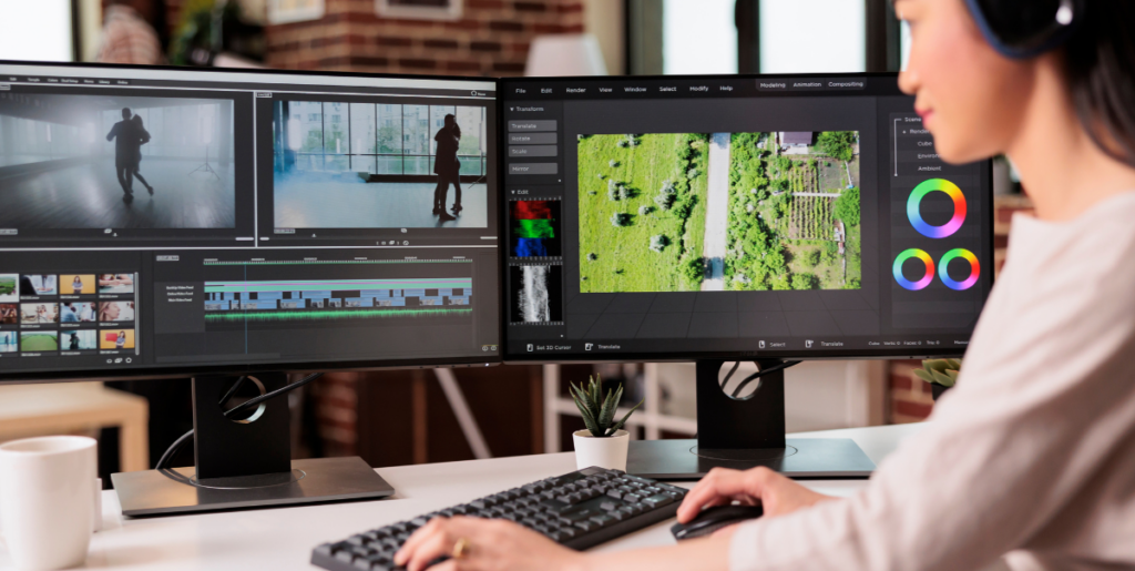 a woman editing videos and social media content